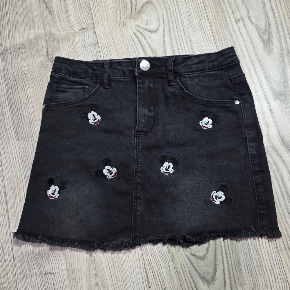 Primark Disney Mickey Mouse Embroidered Raw Hem Black Jean Skirt -Girls Size 8/9